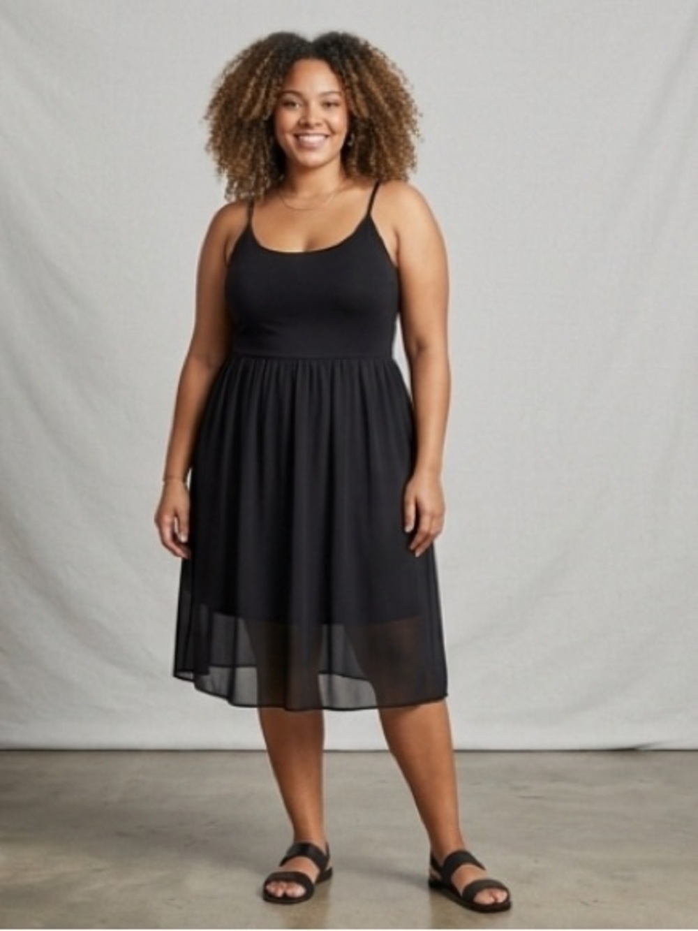 Black Spaghetti Strap Sheer Overlay Midi Dress